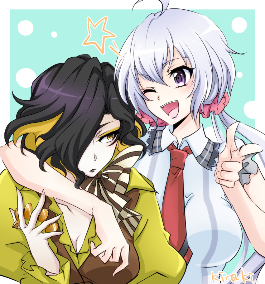 2girls ;d ahoge arm_around_neck black_hair black_lipstick bow breasts cleavage coin commentary eyeshadow hair_over_one_eye highres kiraki large_breasts leiur_darahim lipstick long_hair long_sleeves makeup multicolored_hair multiple_girls necktie one_eye_closed open_mouth pointing puffy_sleeves scrunchie senki_zesshou_symphogear short_hair smile star thumb_ring twintails violet_eyes yellow_eyes yukine_chris
