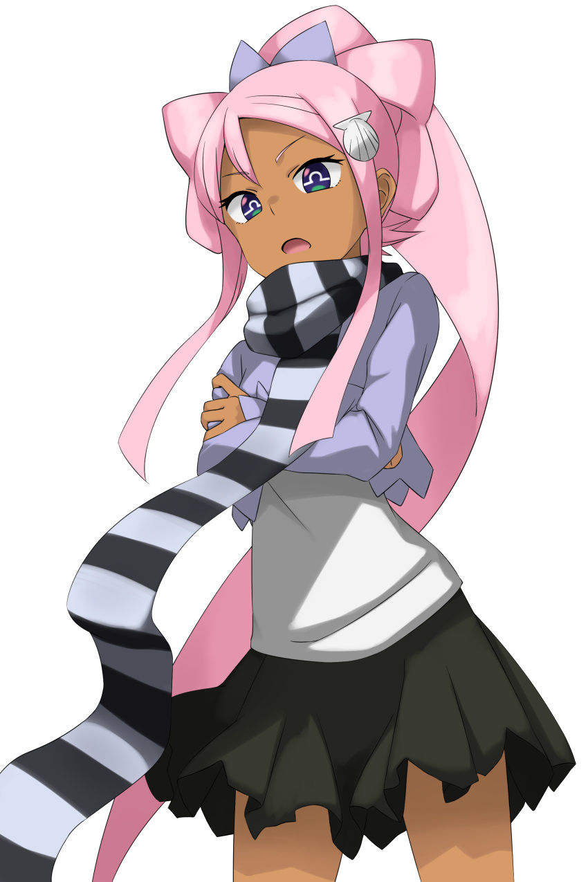 &gt;:o 1girl :o absurdres black_skirt cowboy_shot crossed_arms dark_skin highres kanon563 long_hair looking_at_viewer petite pink_hair ponytail regalecus_(yumekui_merry) scarf shell_hair_ornament sidelocks simple_background skirt solo striped striped_scarf symbol-shaped_pupils very_long_hair violet_eyes white_background yumekui_merry