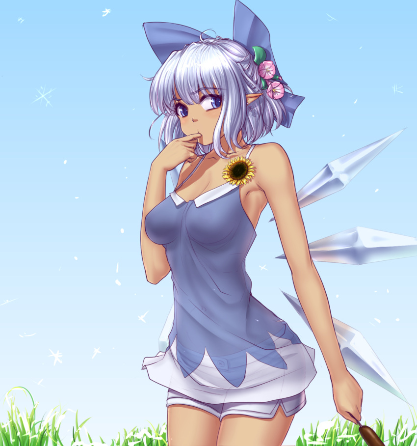 1girl armpit_peek armpits bangs bare_arms blue_bow blue_dress blue_eyes blue_hair blue_sky bow breasts cirno commentary cowboy_shot day dress earrings eyebrows_visible_through_hair finger_in_mouth finger_sucking finger_to_mouth flower hair_bow hair_flower hair_ornament hater_(hatater) hidden_star_in_four_seasons highres ice ice_wings jewelry looking_at_viewer medium_breasts outdoors pointy_ears see-through short_hair shorts sky solo tan touhou wings