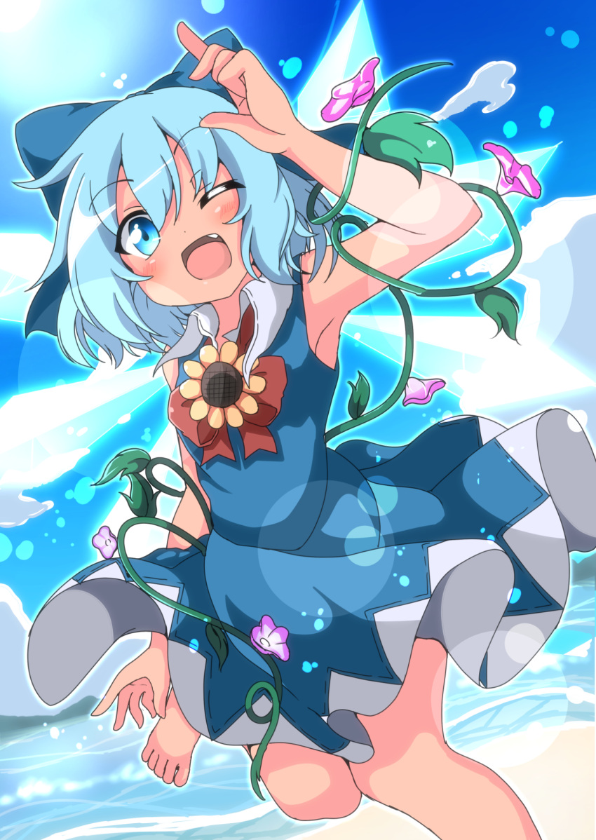 1girl armpits barefoot beach blue_bow blue_dress blue_eyes blue_hair bow cirno do_(4-rt) dress fang flower hair_bow hidden_star_in_four_seasons highres ice ice_wings morning_glory ocean one_eye_closed open_mouth red_ribbon ribbon short_hair sleeveless sleeveless_dress smile solo sunflower tan touhou wings
