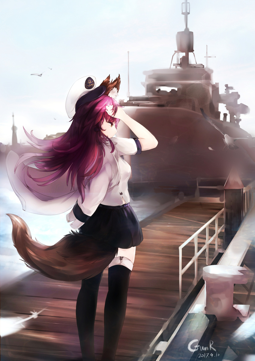 1girl absurdres anchor_symbol animal animal_ears arm_up bangs bird black_legwear black_skirt blue_sky clouds dated day dock eyebrows_visible_through_hair facing_away fate/extra fate_(series) feathers floating_hair flying fox_ears fox_tail half-closed_eyes hand_in_hair hat highres jacket jacket_on_shoulders lens_flare long_hair looking_away miniskirt mochigome_(fatelly) ocean outdoors peaked_cap pink_hair railing seagull ship shirt short_sleeves signature skirt sky solo standing tail tamamo_(fate)_(all) tamamo_no_mae_(fate) thigh-highs watercraft white_feathers white_jacket white_shirt wind wooden_floor yellow_eyes zettai_ryouiki