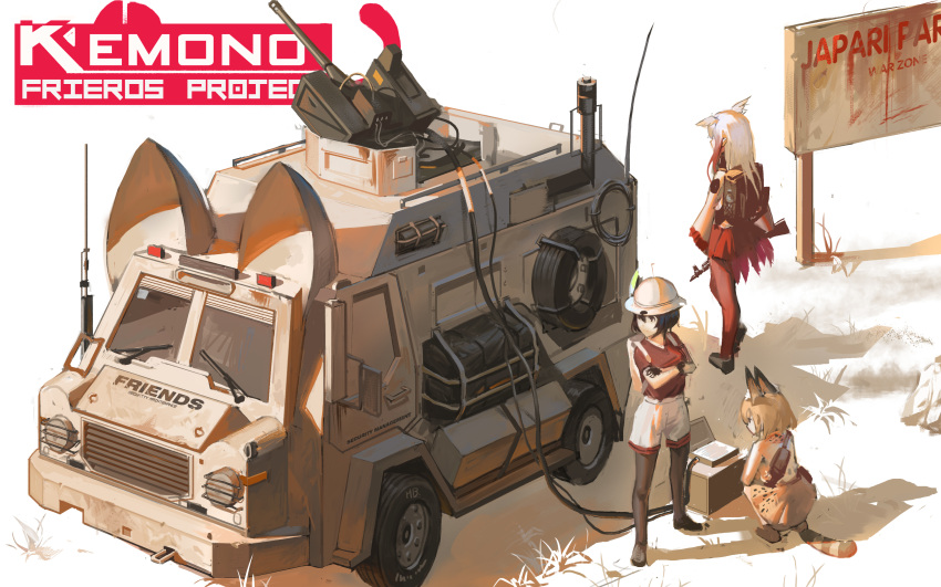 3girls absurdres animal_ears armored_vehicle backpack bag bird_tail bird_wings black_legwear black_soldier blonde_hair bucket_hat cable computer copyright_name crested_ibis_(kemono_friends) crossed_arms english frilled_sleeves frills ground_vehicle gun hat hat_feather head_wings highres japanese_crested_ibis_(kemono_friends) kaban_(kemono_friends) kemono_friends laptop long_sleeves machine_gun motor_vehicle multicolored_hair multiple_girls pantyhose profile red_legwear red_shirt red_skirt redhead rifle serval_(kemono_friends) serval_ears serval_print serval_tail shirt short_sleeves sign silhouette skirt squatting standing tail two-tone_hair typo van weapon white_hair wings