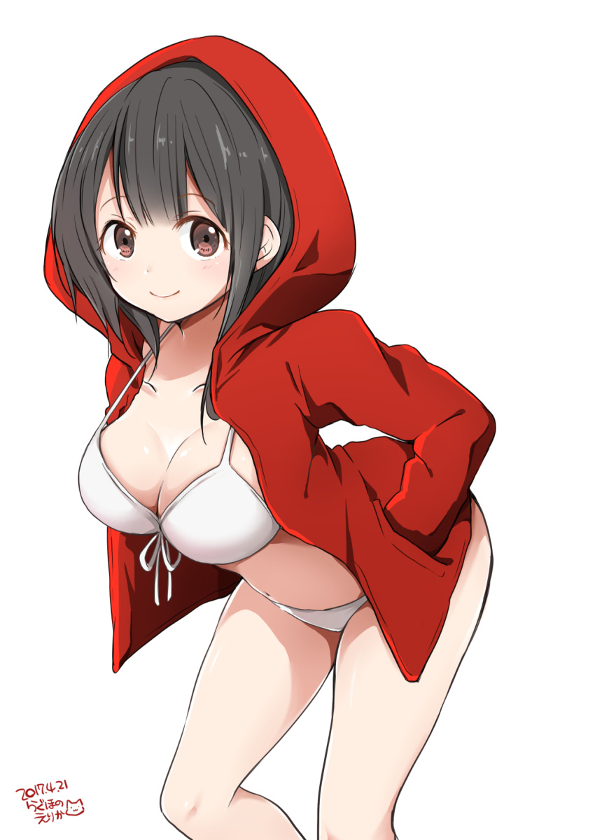 1girl arched_back artist_name bangs bikini black_hair blush boshuu-chan breasts brown_eyes closed_mouth collarbone dated eyebrows_visible_through_hair hands_in_pockets highres hood hoodie large_breasts leaning_forward navel open_clothes open_hoodie original ragho_no_erika signature simple_background smile solo swimsuit thighs white_background