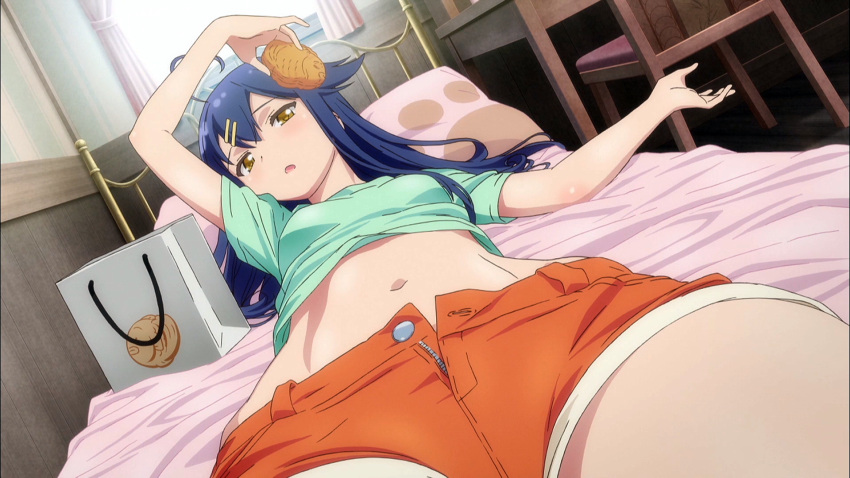 1girl :o ahoge arm_up bag bangs bed bed_sheet blue_hair blue_shirt chair desk end_card food hair_flaps hair_ornament hairclip half-closed_eyes highres hinako_note holding holding_food indoors long_hair looking_at_viewer lying natsukawa_kuina navel on_back on_bed open_mouth orange_shorts parted_bangs paw_print pillow screencap shirt shopping_bag short_sleeves shorts solo stomach sunlight taiyaki unbuttoned unzipped wagashi yellow_eyes