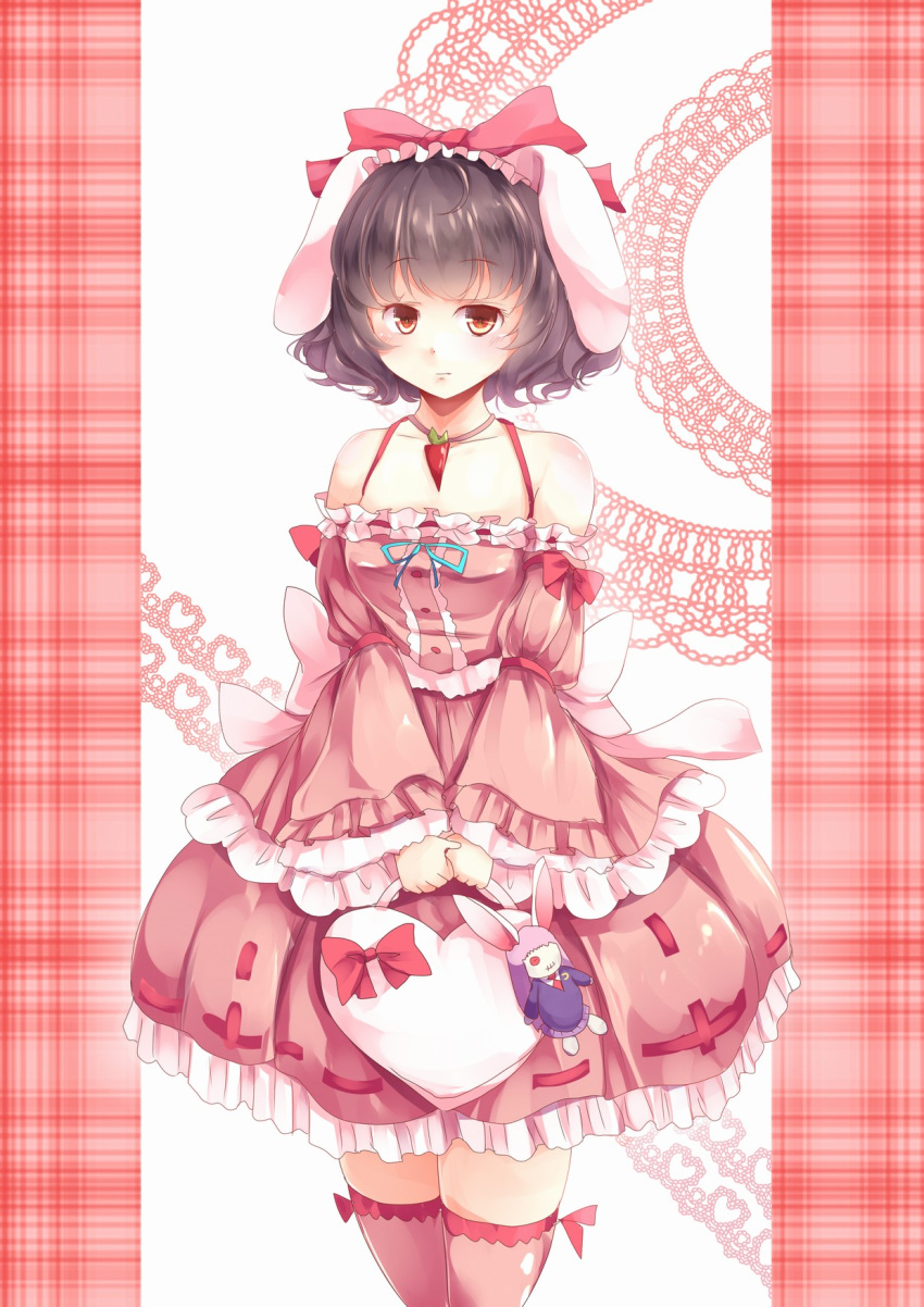 1girl alternate_costume animal_ears bag bangs bare_shoulders black_hair blush breasts brown_eyes carrot character_doll choker cowboy_shot detached_sleeves dress expressionless floppy_ears frilled_dress frilled_sleeves frills hair_ribbon handbag heart-shaped_bag heart_pattern highres holding_bag inaba_tewi jewelry kanzakietc looking_at_viewer off-shoulder_dress off_shoulder patterned_background pendant pillarboxed pink pink_dress pink_legwear plaid plaid_background rabbit_ears reisen_udongein_inaba ribbon ribbon-trimmed_dress shiny shiny_hair shiny_skin short_dress small_breasts solo thigh-highs touhou white_background wide_sleeves