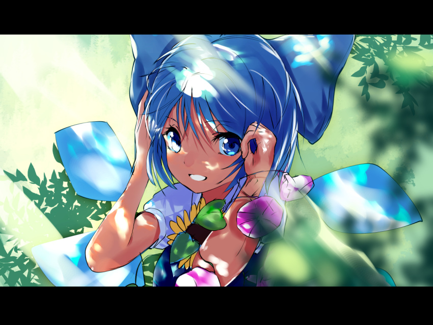 1girl :d asuzemu blue_bow blue_eyes blue_hair bow cirno dappled_sunlight flower hair_bow hidden_star_in_four_seasons ice ice_wings letterboxed looking_at_viewer open_mouth puffy_short_sleeves puffy_sleeves short_hair short_sleeves smile solo sunflower sunlight touhou upper_body wings