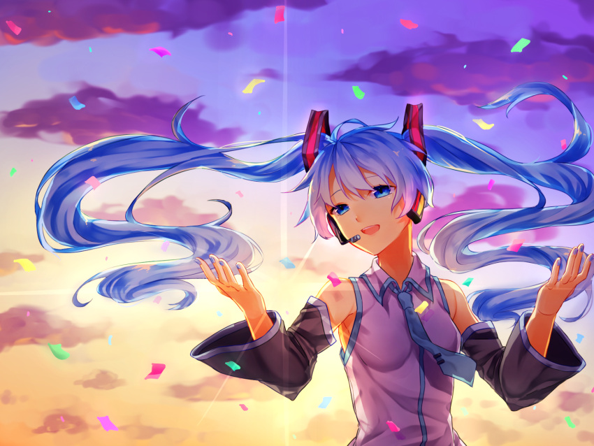 1girl blue_eyes blue_hair blue_nails clouds cloudy_sky confetti detached_sleeves hatsune_miku headset highres mokorikomokomoko nail_polish necktie open_mouth sky smile twintails vocaloid