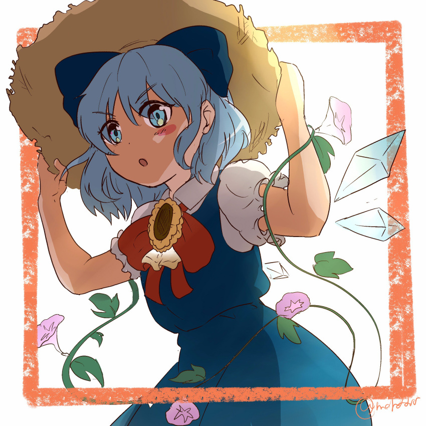 &gt;:o 1girl :o blue_eyes blue_hair blush_stickers bow cirno collared_shirt dress flower hair_bow hat hidden_star_in_four_seasons highres ice ice_wings jpeg_artifacts looking_at_viewer mchddrn plant puffy_short_sleeves puffy_sleeves shirt short_sleeves solo straw_hat sun_hat sunflower tan touhou vines wings