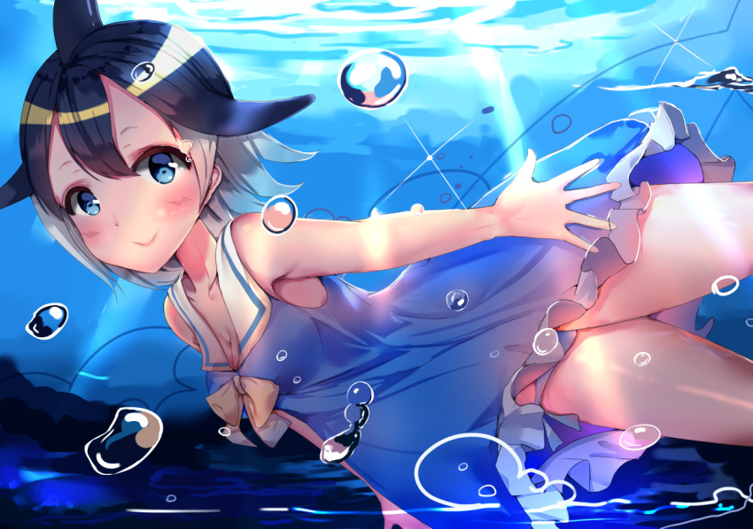 1girl bare_shoulders black_hair blonde_hair blue_eyes blue_hair blush breasts bubble cleavage common_dolphin_(kemono_friends) dress hat kemono_friends looking_at_viewer medium_breasts multicolored_hair ris_(pixiv_12266637) sailor_collar smile solo sparkle two-tone_hair underwater underwear white_hair