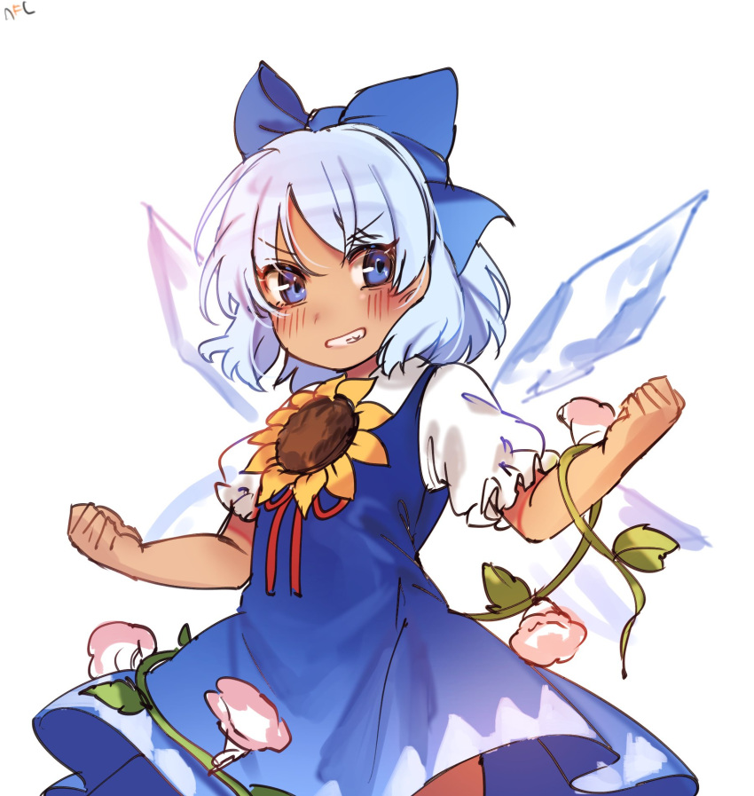 &gt;:d 1girl :d blue_bow blue_eyes blue_hair bow cirno clenched_hands dress flexing flower grin hair_bow hidden_star_in_four_seasons highres ice ice_wings open_mouth plant pose short_hair short_sleeves smile solo tan teeth tis_(shan0x0shan) touhou vines wings