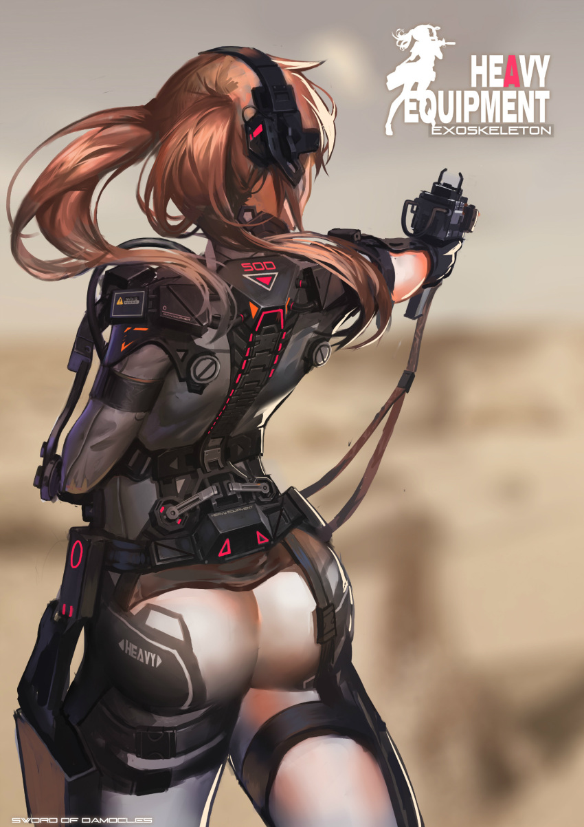 1girl ass black_soldier blurry brown_hair cowboy_shot depth_of_field english exoskeleton from_behind gun highres holding holding_gun holding_weapon imi_uzi long_hair machine_gun number original outstretched_arm silhouette solo submachine_gun twintails weapon
