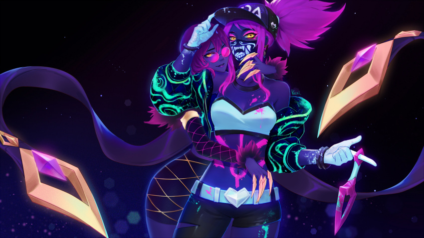 2girls akali artist_name asymmetrical_clothes bare_shoulders baseball_cap belt black_choker black_jacket black_pants bodypaint bracelet breasts choker claws cleavage cowboy_shot earrings eyeshadow hat heat highres holding hug idol jacket jewelry k/da_(league_of_legends) k/da_akali kezi kunai league_of_legends long_hair looking_at_viewer makeup midriff miniskirt multiple_girls navel necklace open_clothes open_jacket paint_splatter pants parted_lips ponytail purple_hair sidelocks single_pantsleg skirt solo stomach strapless sunglasses tubetop ultraviolet_light weapon yellow_eyes