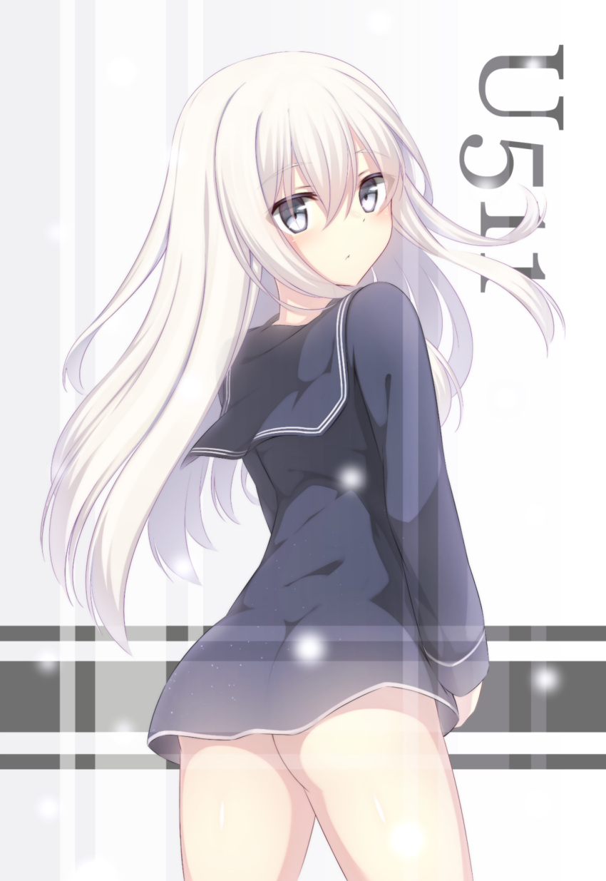 1girl ass bangs blush character_name closed_mouth cowboy_shot dress from_behind grey_eyes grey_eyes hair_between_eyes highres kantai_collection long_hair looking_at_viewer looking_back murasame_shia no_panties sailor_dress solo thighs u-511_(kantai_collection) white_hair