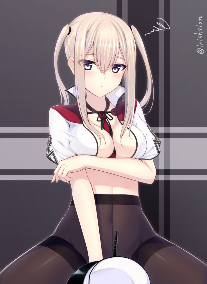 1girl :&lt; absurdres bangs between_breasts black_legwear black_necktie blonde_hair blue_eyes blush breasts capelet closed_mouth covering covering_crotch graf_zeppelin_(kantai_collection) groin hair_between_eyes hat hat_removed headwear_removed highres kantai_collection large_breasts long_hair looking_at_viewer murasame_shia navel necktie necktie_between_breasts pantyhose peaked_cap red_necktie sidelocks solo spread_legs squiggle striped striped_necktie thighband_pantyhose thighs twintails white_hat