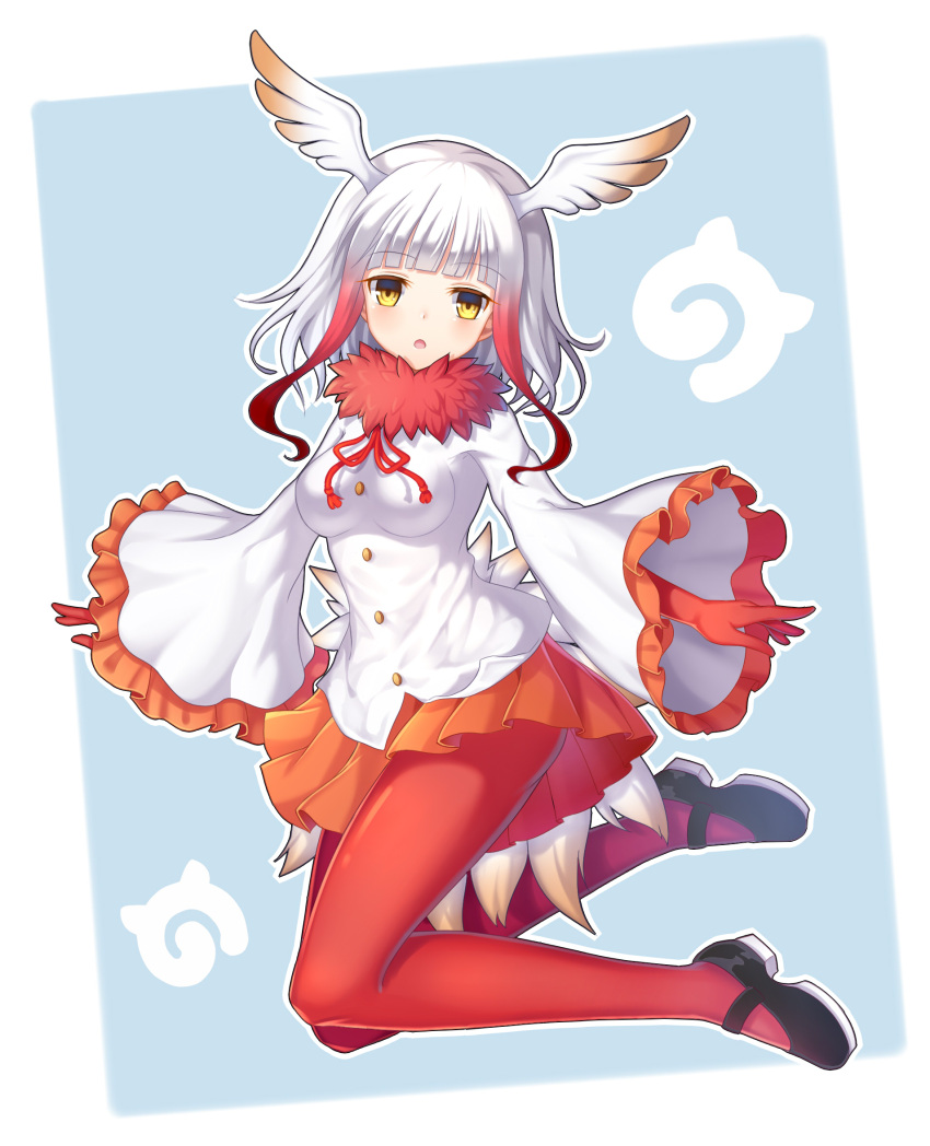 1girl black_shoes blue_background blush breasts crested_ibis_(kemono_friends) eyebrows_visible_through_hair frilled_sleeves frills from_side full_body gloves head_tilt head_wings highres japanese_crested_ibis_(kemono_friends) japari_symbol kemono_friends kuta_(shi_cai) legs_up long_hair long_sleeves looking_at_viewer mary_janes medium_breasts multicolored_hair open_mouth orange_skirt pantyhose pleated_skirt red_gloves red_legwear redhead shirt shoes skirt solo two-tone_hair white_hair white_shirt wide_sleeves yellow_eyes