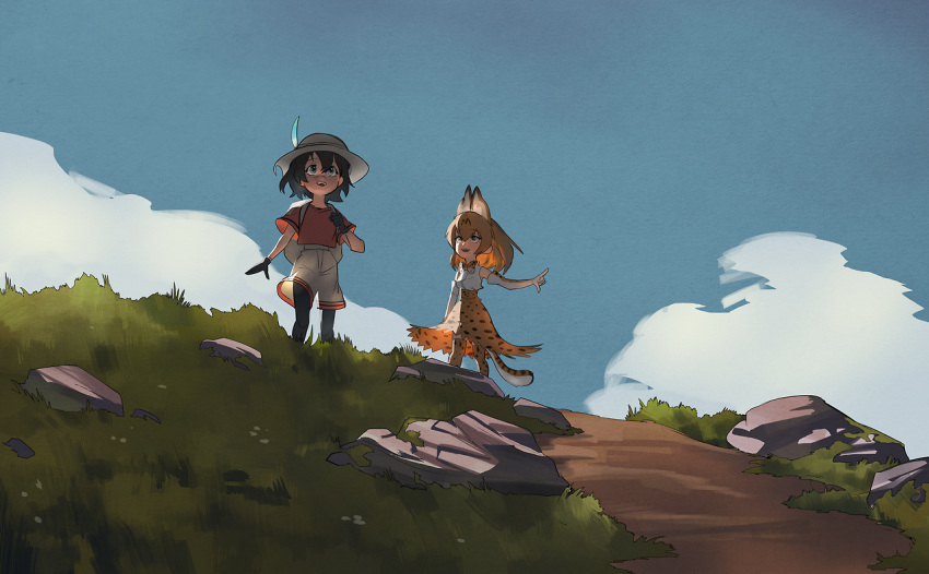 2girls animal_ears backpack bag black_legwear blue_eyes blue_hair bow bowtie cargo_shorts feathers helmet index_finger_raised kaban_(kemono_friends) kemono_friends looking_at_another looking_away multiple_girls open_mouth orange_bow orange_bowtie orange_eyes orange_hair pith_helmet pointing red_shirt serval_(kemono_friends) serval_ears serval_tail shirt shorts smile summergoat tail teeth thigh-highs