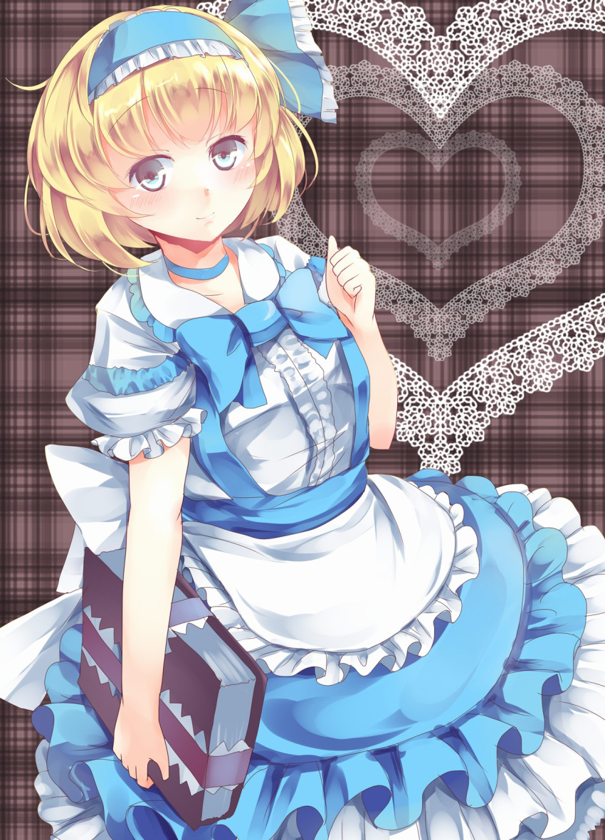 1girl alice_margatroid alice_margatroid_(pc-98) apron blonde_hair blue_eyes blue_skirt blush book choker frilled_apron frilled_hairband frills grey_background hairband hand_up head_tilt highres holding holding_book kanzakietc looking_at_viewer plaid plaid_background reflective_eyes shiny shiny_hair shirt short_hair short_sleeves skirt smile solo suspender_skirt suspenders touhou touhou_(pc-98) waist_apron white_shirt