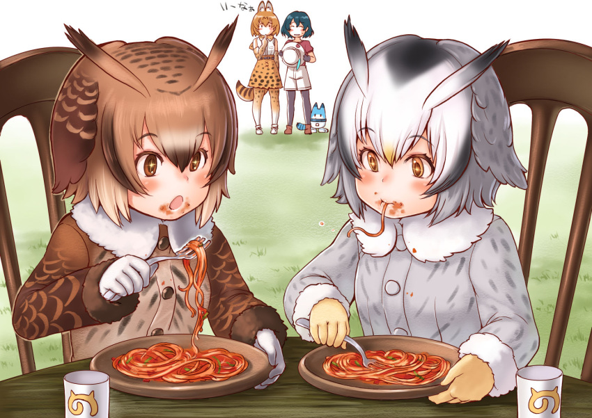 +_+ 4girls ^_^ animal_ears arm_behind_back black_hair black_legwear blonde_hair blue_hair blush blush_stickers brown_eyes brown_hair bucket_hat chair closed_eyes cup eating elbow_gloves eurasian_eagle_owl_(kemono_friends) eyebrows_visible_through_hair finger_to_mouth food food_on_clothes food_on_face fork gloves grey_hair hat hat_feather head_wings high-waist_skirt holding holding_fork japari_symbol kaban_(kemono_friends) kemono_friends kosai_takayuki lucky_beast_(kemono_friends) multiple_girls northern_white-faced_owl_(kemono_friends) nose_blush open_mouth pantyhose parted_lips pasta plate serval_(kemono_friends) serval_ears serval_print serval_tail shirt short_hair sitting skirt sleeveless sleeveless_shirt smile spaghetti standing sweatdrop table tail white_background white_gloves white_hair white_shirt yellow_gloves |_|