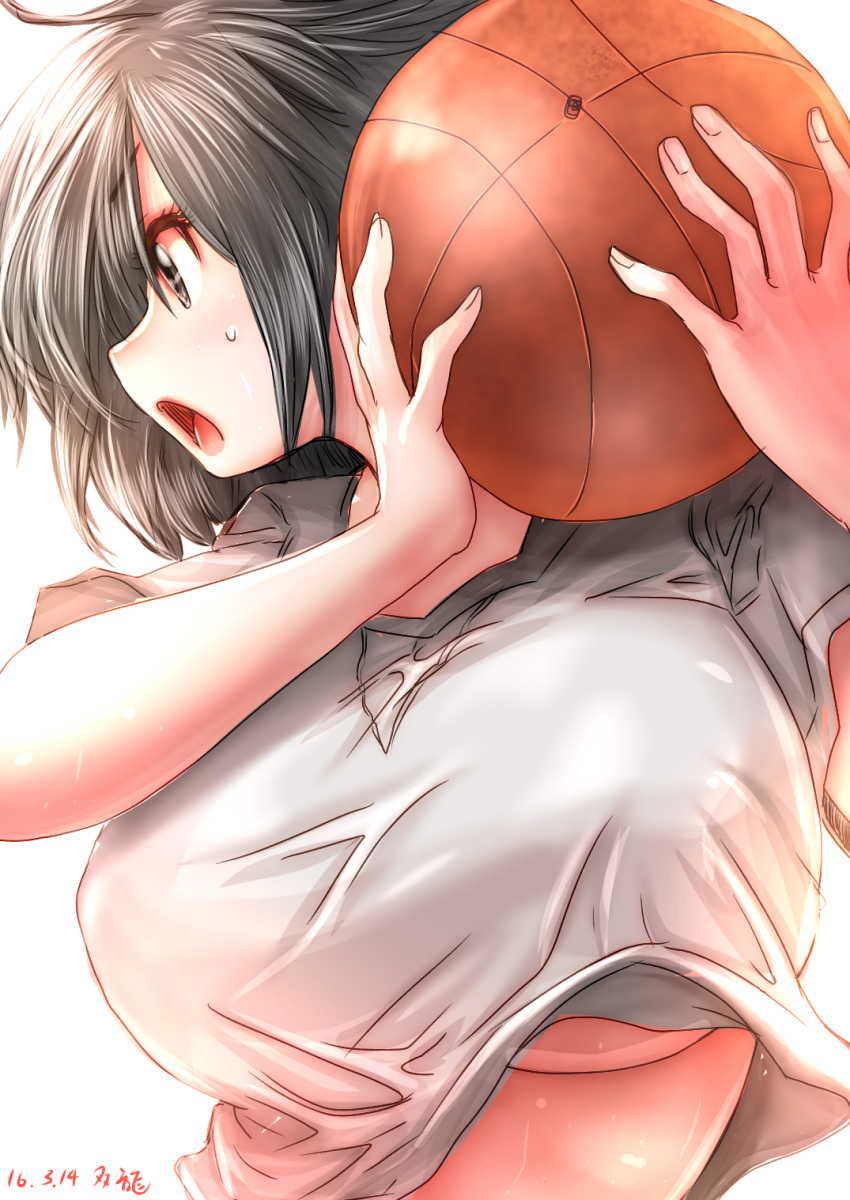 1girl ball basketball blush breasts dated from_side grey_eyes grey_hair gym_uniform highres holding large_breasts open_mouth original outdoors shirt short_hair short_sleeves solo souryu sweat sweatdrop under_boob upper_body