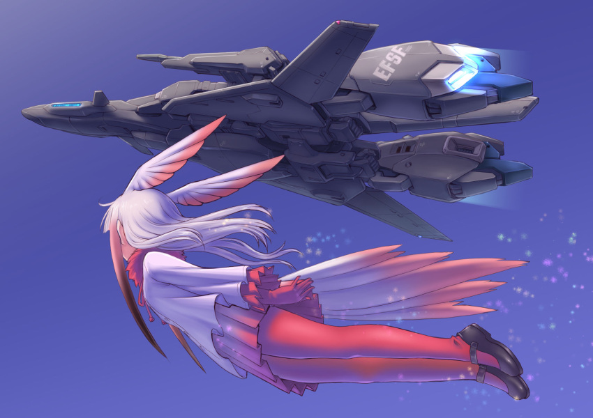 1girl black_shoes commentary_request crested_ibis_(kemono_friends) crossover day flying full_body gloves gundam gundam_sentinel head_wings highres japanese_crested_ibis_(kemono_friends) kemono_friends kosai_takayuki long_hair long_sleeves mary_janes mecha multicolored_hair outdoors pantyhose pleated_skirt red_gloves red_legwear red_skirt redhead shirt shoes skirt sky two-tone_hair white_hair white_shirt zeta_plus