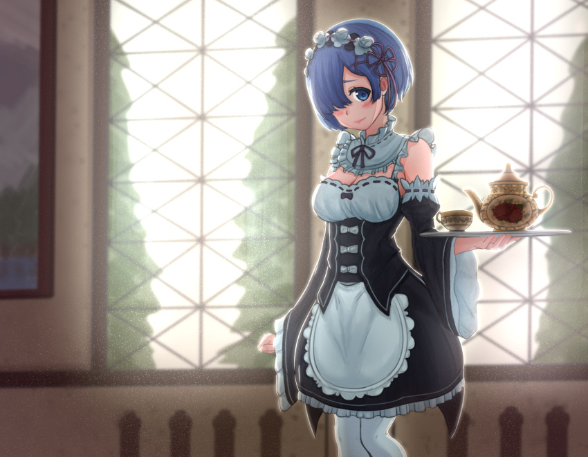 1girl blue_eyes blue_hair blush breasts clenched_hand closed_mouth cup detached_sleeves dress floral_print flower highres indoors long_sleeves looking_at_viewer maaya99 maid maid_headdress medium_breasts painting_(object) pantyhose re:zero_kara_hajimeru_isekai_seikatsu red_rose rem_(re:zero) rose smile solo standing teacup teapot tray white_legwear window