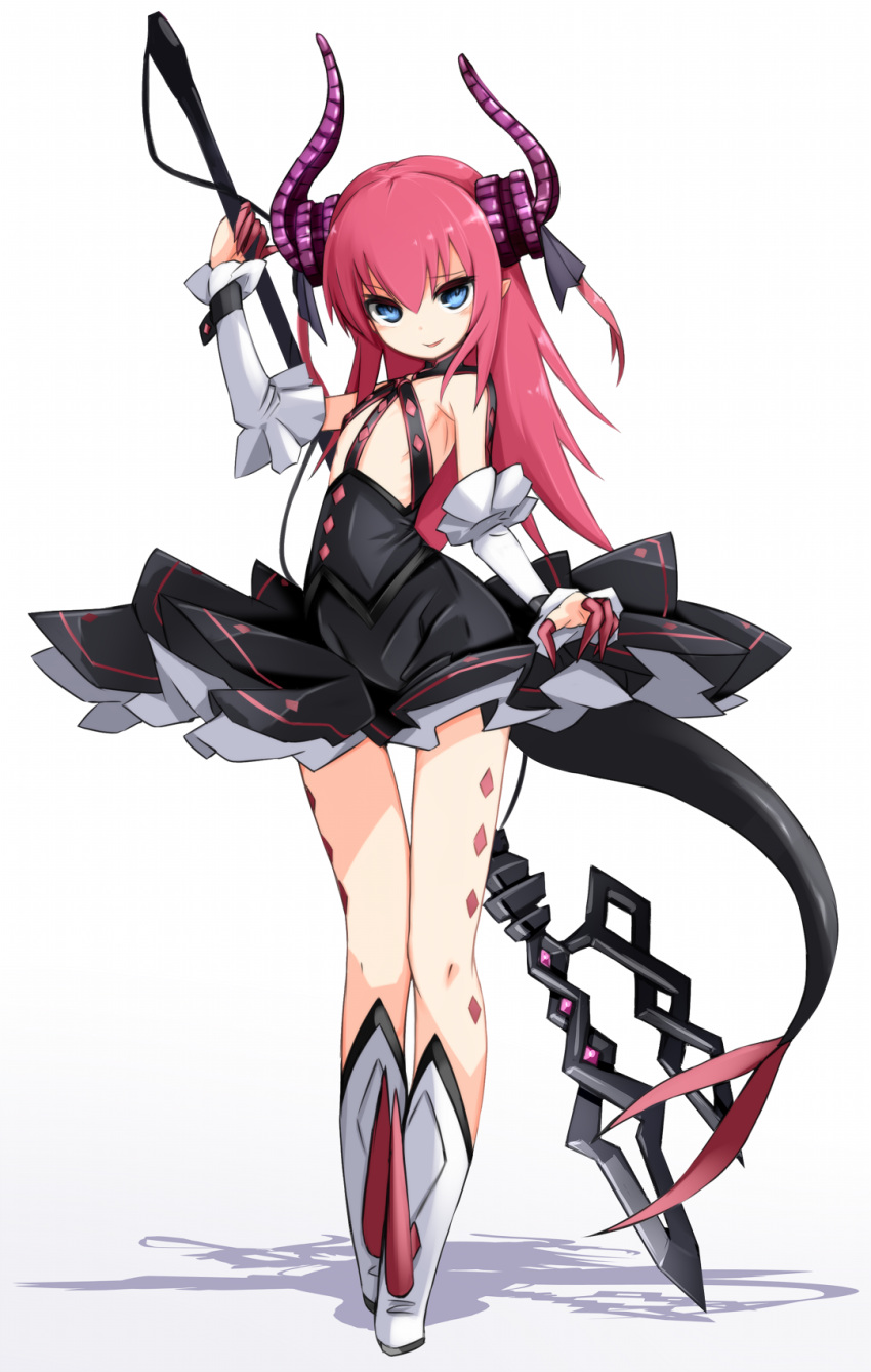 1girl armpits black_dress boots dragon_girl dragon_tail dress fate/extra fate/grand_order fate_(series) flat_chest frills full_body green_eyes highres horns karukan_(monjya) lancer_(fate/extra_ccc) long_hair looking_at_viewer polearm redhead shadow smile solo spear standing tail thigh_gap weapon white_background white_boots wrist_cuffs