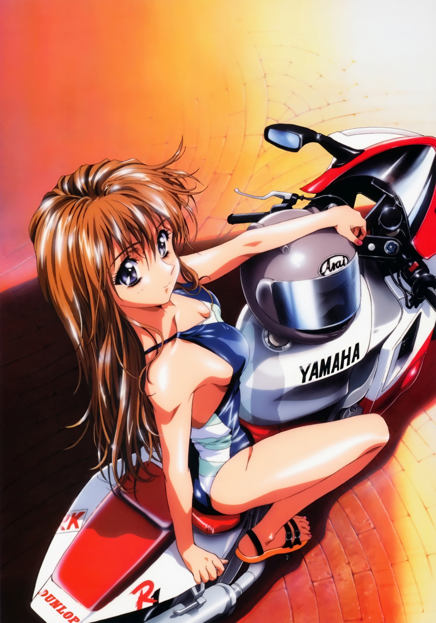 1girl 90s absurdres blue_eyes breasts brown_hair cleavage copyright_request feet from_above ground_vehicle highres kawarajima_kou long_hair medium_breasts motor_vehicle motorcycle nail_polish one-piece_swimsuit pink_nails sandals smile solo swimsuit toenail_polish