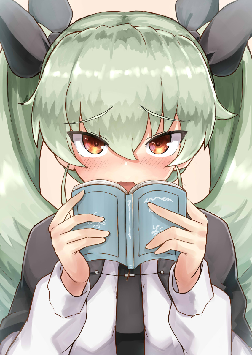 1girl absurdres anchovy anzio_school_uniform aqua_hair black_necktie black_ribbon blush book brown_eyes capelet close-up covering_mouth embarrassed eyebrows eyebrows_visible_through_hair fume girls_und_panzer hair_between_eyes hair_ribbon highres holding holding_book long_sleeves looking_at_viewer necktie okitsugu open_book open_mouth orange_background resized revision ribbon school_uniform shirt simple_background solo tsurime twintails upper_body upscaled white_shirt