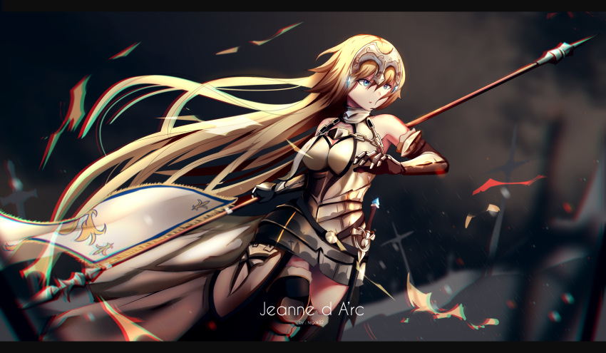 1girl armor artist_name banner blonde_hair blue_eyes breasts chains character_name fate/apocrypha fate/grand_order fate_(series) hair_between_eyes headphones highres jeanne_d'arc_(fate) jeanne_d'arc_(fate)_(all) large_breasts letterboxed long_hair solo standard_bearer sword tegar32 weapon