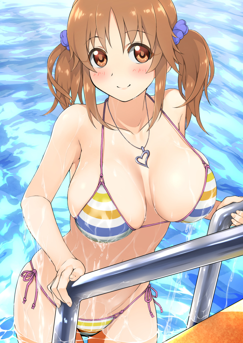 1girl bikini breasts brown_eyes brown_hair heart heart_necklace highres idolmaster idolmaster_cinderella_girls jewelry large_breasts multicolored multicolored_stripes necklace oxxo_(dlengur) partially_submerged pool_ladder side-tie_bikini smile solo string_bikini striped striped_bikini swimsuit totoki_airi twintails wading water wet