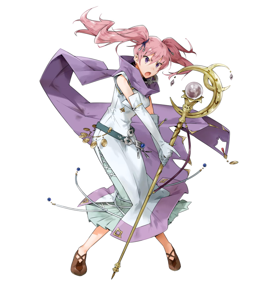 1girl bangs belt dress fire_emblem fire_emblem:_rekka_no_ken fire_emblem_heroes full_body gloves highres holding kyuusugi_toku official_art open_mouth pink_hair scarf serra shoes sleeveless solo staff transparent_background twintails violet_eyes