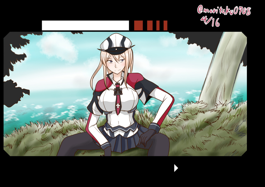 1girl bernard_wiseman black_border black_gloves black_legwear blonde_hair border breasts capelet celtic_knot clouds cloudy_sky dated eyebrows_visible_through_hair gloves graf_zeppelin_(kantai_collection) grass hand_on_own_thigh hat highres kantai_collection large_breasts long_hair looking_away miniskirt moritaku0708 necktie outdoors pantyhose peaked_cap pleated_skirt short_over_long_sleeves sidelocks sitting skirt sky smile solo spread_legs tree twitter_username