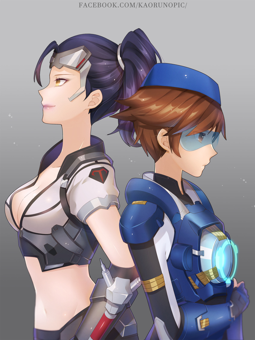 2girls alternate_costume alternate_skin_color atobesakunolove back-to-back beret breasts brown_eyes brown_hair cadet_oxton cleavage goggles goggles_on_head hat highres long_hair medium_breasts midriff multiple_girls navel overwatch ponytail purple_hair short_hair talon_widowmaker tracer_(overwatch) widowmaker_(overwatch) yellow_eyes