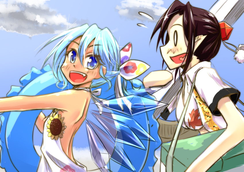 2girls :d alternate_costume alternate_hairstyle back backless_outfit bag bare_arms beach blue_eyes blue_hair breasts cirno collared_shirt cooler fang flat_chest flower flying_sweatdrops hat heart heart_in_mouth hidden_star_in_four_seasons ice ice_wings innertube medium_breasts multiple_girls o_o open_mouth pointy_ears ponytail shameimaru_aya shirt shoulder_bag smile sunflower tan tokin_hat touhou wings yrjxp065