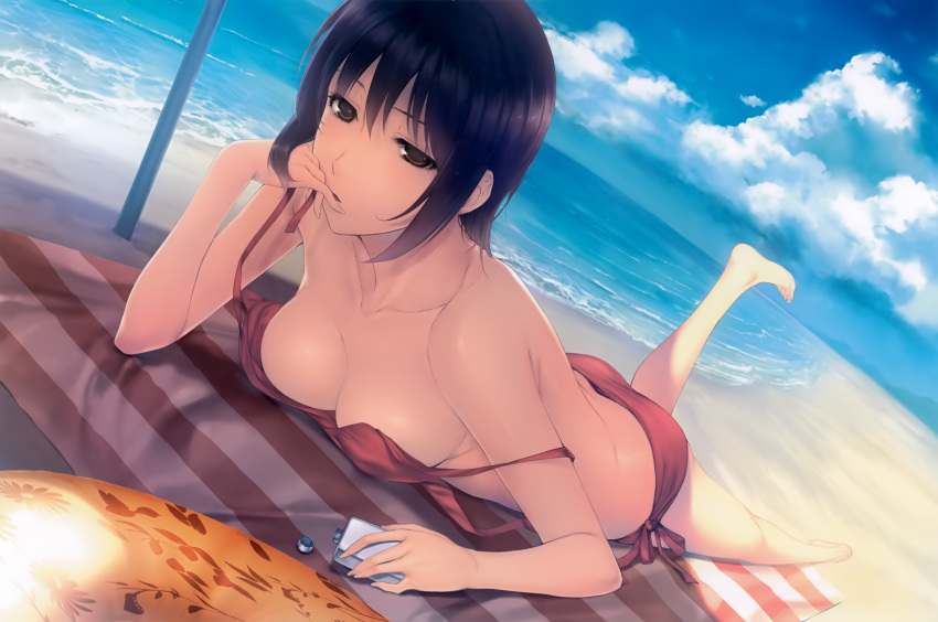 1girl absurdres ass bangs bare_arms bare_legs bare_shoulders barefoot beach beach_umbrella bikini black_hair blue_sky breasts brown_eyes character_request cleavage clouds day eyelashes hair_between_eyes hand_to_own_mouth highres innertube leg_up looking_at_viewer lying medium_breasts ocean on_stomach outdoors red_bikini sand short_hair side-tie_bikini sidelocks sky solo strap_slip sugina_miki swimsuit tanning_oil umbrella undone_bikini_top water