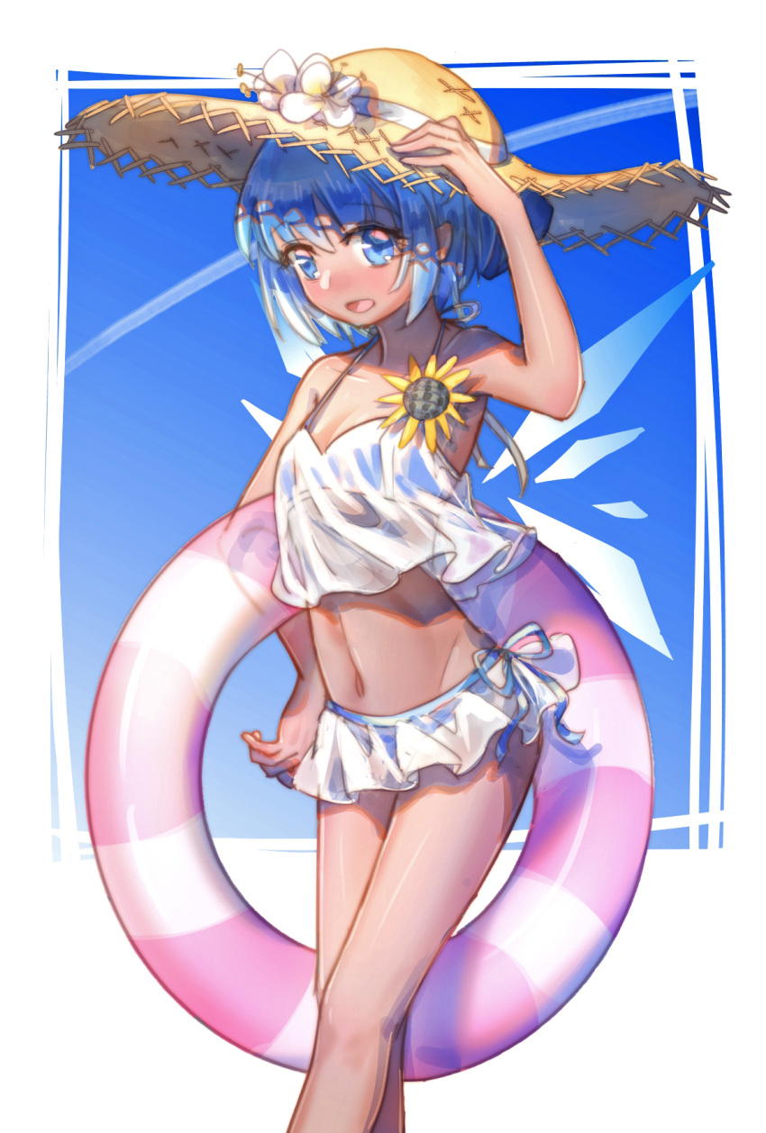 1girl :d arm_up bangs bare_arms bare_legs bare_shoulders bikini bikini_skirt blue_background blue_bow blue_eyes blue_hair blue_sky blush bow breasts cirno cleavage collarbone commentary_request condensation_trail cowboy_shot crop_top day eyebrows_visible_through_hair flower fox_(770205490) frilled_bikini frills hair_bow hand_on_headwear hat hat_flower hidden_star_in_four_seasons highres holding ice ice_wings innertube looking_at_viewer medium_breasts navel nose_blush open_mouth outdoors shiny shiny_skin shirt short_hair sky smile solo standing stomach straw_hat sunflower swimsuit tan touhou white_background white_bikini white_flower white_shirt wings