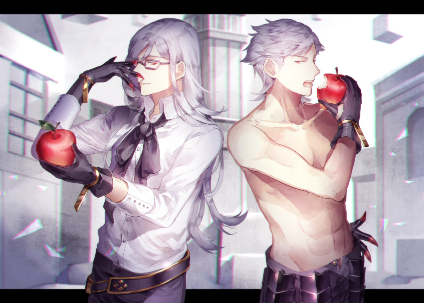 2boys adam_(nier_automata) apple chromatic_aberration claws cube eve_(nier_automata) food fruit glasses gloves highres long_hair male_focus multiple_boys nier_(series) nier_automata red_eyes shirtless short_hair sunakumo white_background white_hair