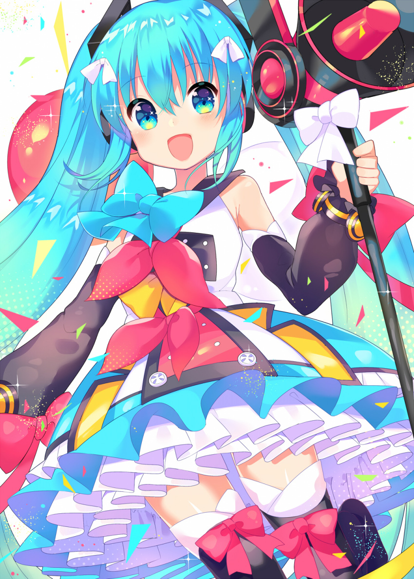 1girl :d balloon bangs black_legwear blue_bow blue_eyes blue_hair blush bow commentary_request detached_sleeves dress eyebrows_visible_through_hair hair_between_eyes hair_bow hair_ornament hatsune_miku head_tilt headphones highres holding ikari_(aor3507) long_hair long_sleeves looking_at_viewer magical_mirai_(vocaloid) megaphone open_mouth puffy_long_sleeves puffy_sleeves red_bow sidelocks sleeveless sleeveless_dress smile solo thigh-highs twintails very_long_hair vocaloid white_bow white_dress yellow_bow