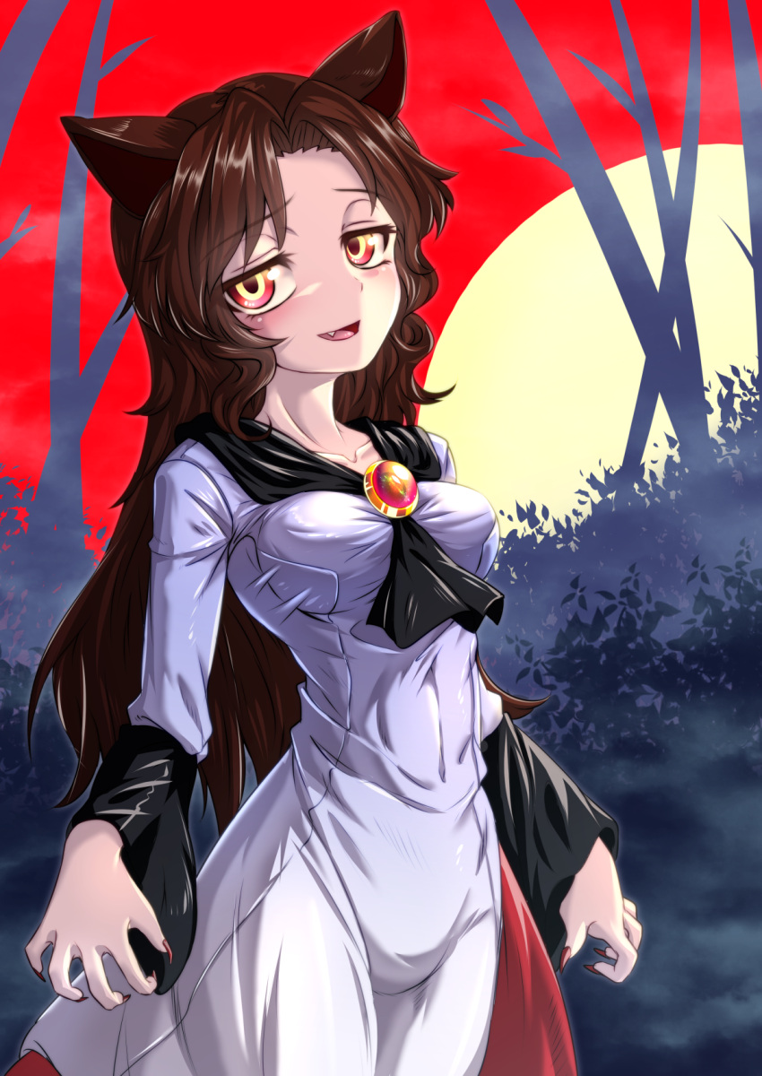 1girl animal_ears asymmetrical_clothes blouse breasts brooch brown_hair collarbone covered_navel fang fingernails full_moon groin highres imaizumi_kagerou jewelry long_fingernails long_hair medium_breasts moon nail_polish nomayo open_mouth red_eyes red_nails red_skirt short_over_long_sleeves skirt solo taut_clothes touhou very_long_hair wavy_hair white_blouse wolf_ears
