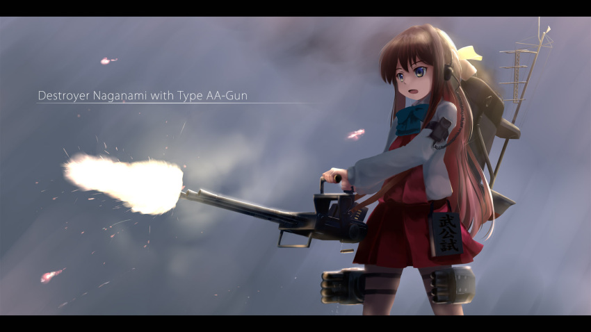 1girl antiaircraft_weapon blue_bow bow cannon caption clouds cloudy_sky coiled_cord english firing gun hair_bow headphones highres kantai_collection letterboxed long_hair looking_ahead mecha_musume multicolored_hair muzzle_flash naganami_(kantai_collection) radio sidelocks sky solo tsubasa_(abchipika) two-tone_hair weapon yellow_bow yellow_eyes