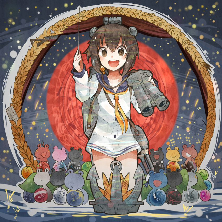 &gt;_o 1girl :&lt; :d ^_^ akigumo_(kantai_collection) amatsukaze_(kantai_collection) anchor animalization baton_(instrument) binoculars blush brown_eyes brown_hair cannon closed_eyes closed_mouth collarbone conductor dated dress frog hair_ornament hamakaze_(kantai_collection) hatsukaze_(kantai_collection) headgear highres holding isokaze_(kantai_collection) itomugi-kun kagerou_(kantai_collection) kantai_collection kuroshio_(kantai_collection) long_sleeves looking_at_viewer maikaze_(kantai_collection) musical_note neckerchief number one_eye_closed open_mouth orchestra revision sailor_dress shiranui_(kantai_collection) short_hair smile tanikaze_(kantai_collection) tokitsukaze_(kantai_collection) torpedo turret urakaze_(kantai_collection) white_dress yukikaze_(kantai_collection)