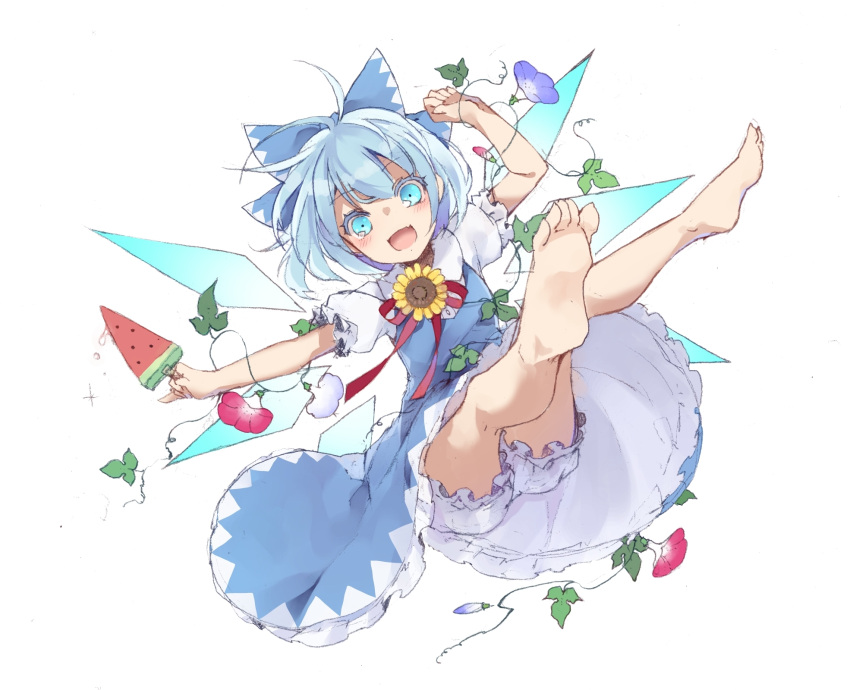 1girl :d barefoot bloomers blue_bow blue_dress blue_eyes blue_flower blue_hair bow cirno dress flower food frilled_dress frilled_sleeves frills full_body hair_bow hidden_star_in_four_seasons highres ice ice_wings leaf looking_at_viewer morning_glory open_mouth popsicle puffy_short_sleeves puffy_sleeves red_flower red_ribbon ribbon short_hair short_sleeves smile solo sunflower touhou toutenkou underwear watermelon_bar white_bloomers wings