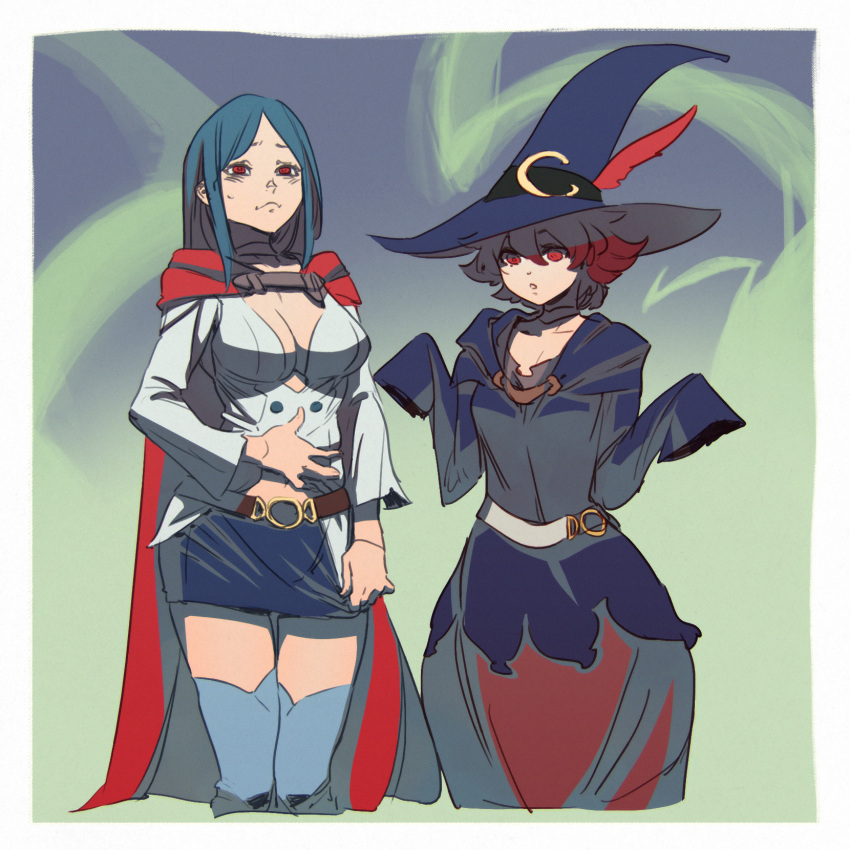 2girls archvermin belt blue_hair blush boots breasts choker cleavage cosplay costume_switch dual_persona hat highres little_witch_academia long_hair medium_breasts multiple_girls open_mouth red_eyes redhead shiny_chariot shiny_chariot_(cosplay) short_hair skirt spoilers standing thigh-highs ursula_(little_witch_academia) weight_conscious witch witch_hat
