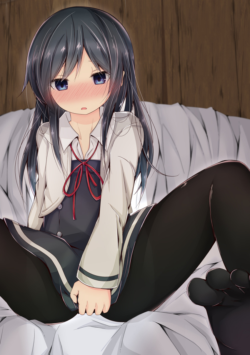 1girl asashio_(kantai_collection) belt black_hair black_legwear blue_eyes blush couch covering covering_crotch dress embarrassed highres kantai_collection long_hair long_sleeves neck_ribbon nishihata_kei open_mouth pantyhose pinafore_dress red_ribbon remodel_(kantai_collection) ribbon shirt sitting solo spread_legs white_shirt