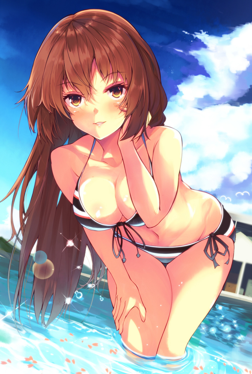 1girl bikini blush breasts brown_eyes brown_hair cleavage clouds cloudy_sky highres leaning_forward long_hair looking_at_viewer medium_breasts mizuyoukan_(mikususannda) navel original parted_lips petals sky smile solo sparkle standing striped striped_bikini swimsuit wading water wet