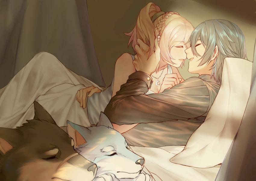 1boy 1girl absurdres bed black_hair blonde_hair blue_hair couple dog dress final_fantasy final_fantasy_xv hetero highres husband_and_wife lunafreya_nox_fleuret noctis_lucis_caelum pillow ponytail pryna_(ff15) umbra_(ff15) white_dress yorukun