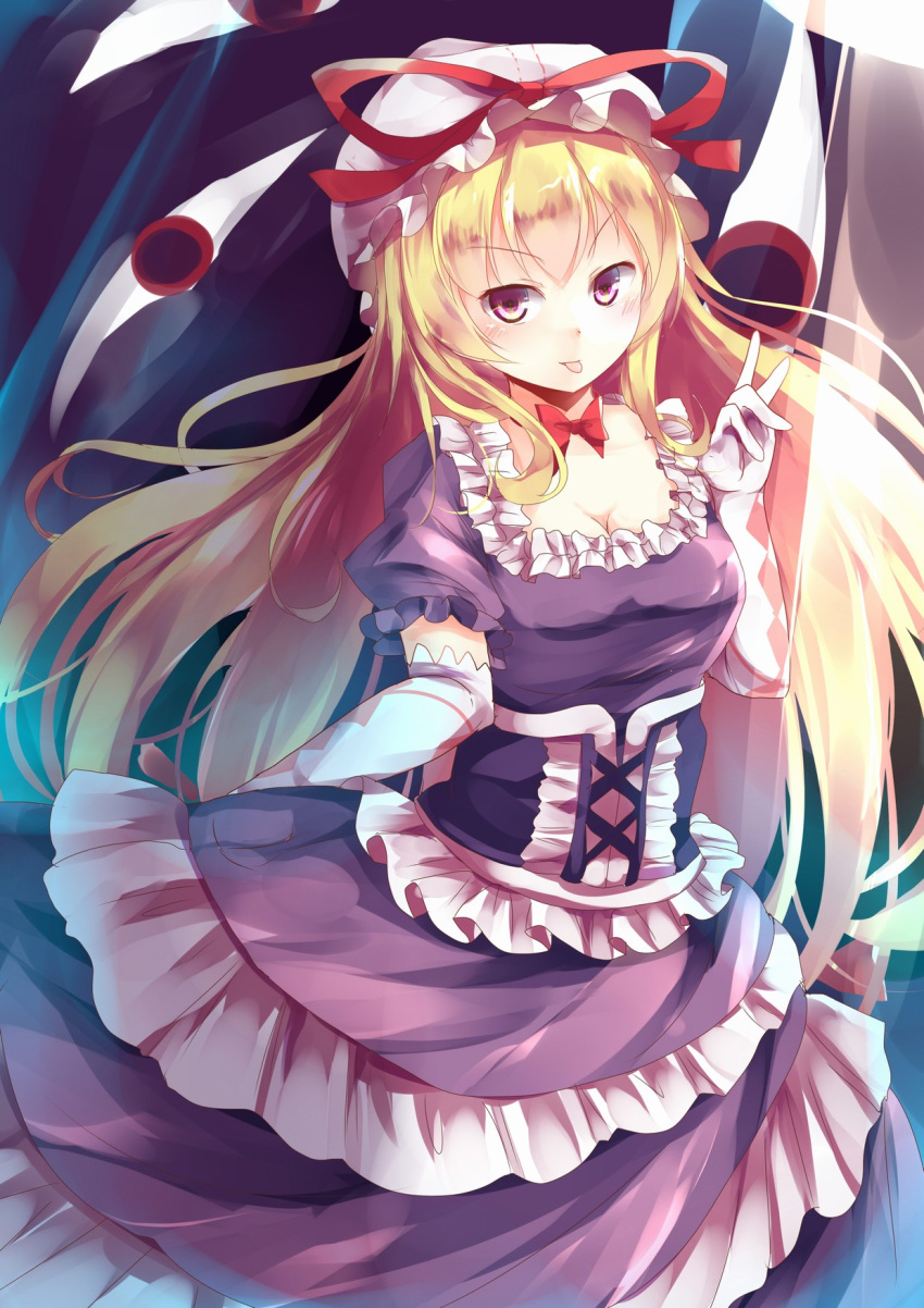 1girl argyle bangs blonde_hair blush bow breasts choker cleavage corset dress elbow_gloves eyes frilled_dress frills gap gloves hair_between_eyes hand_gesture hand_up hat hat_ribbon highres kanzakietc large_breasts long_hair looking_at_viewer mob_cap print_gloves purple_dress red_eyes reflective_eyes ribbon ribbon-trimmed_headwear ribbon_trim shiny shiny_hair short_sleeves solo tongue tongue_out touhou violet_eyes white_gloves yakumo_yukari