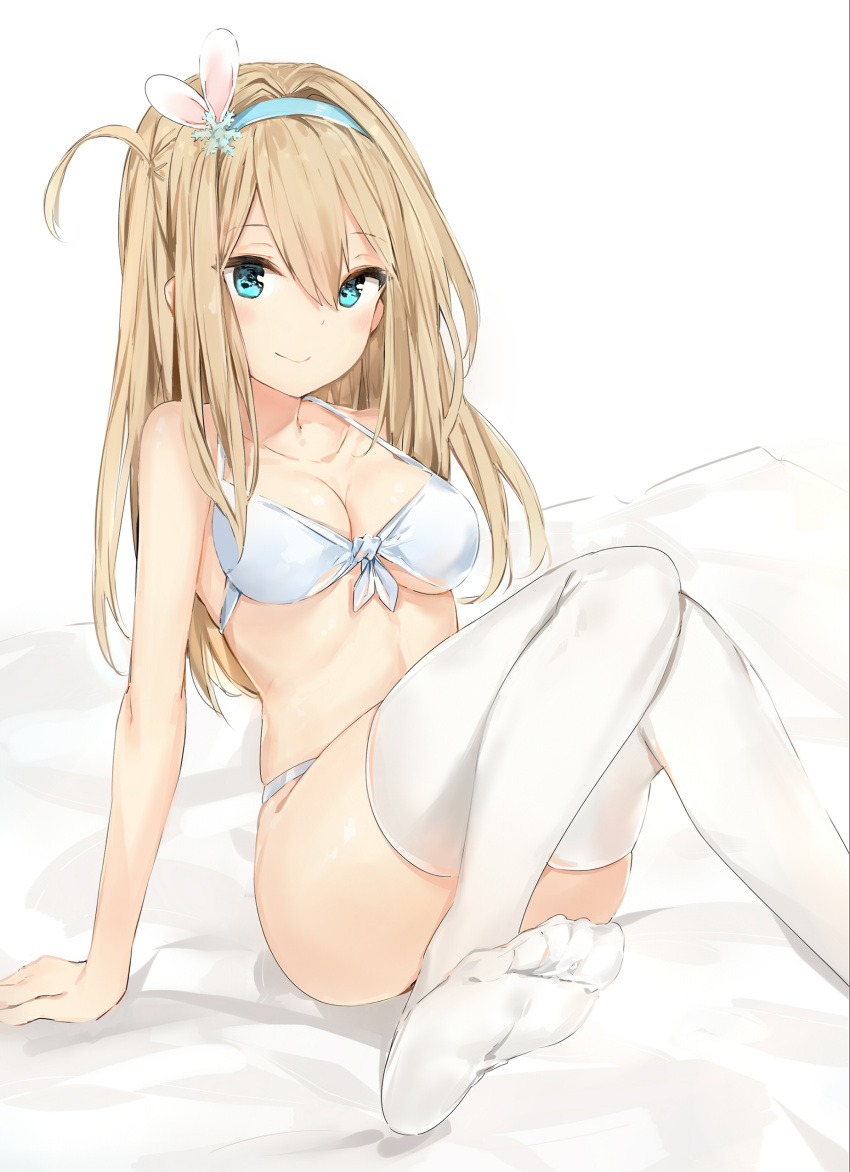 1girl absurdres aqua_eyes arm_support bikini blue_bikini breasts cleavage feet front-tie_bikini front-tie_top girls_frontline hair_between_eyes hair_ornament hairband highres leaning_back light_brown_hair long_hair looking_at_viewer medium_breasts no_shoes one_side_up silver_(chenwen) sitting smile soles solo suomi_kp31_(girls_frontline) swimsuit thigh-highs white_legwear
