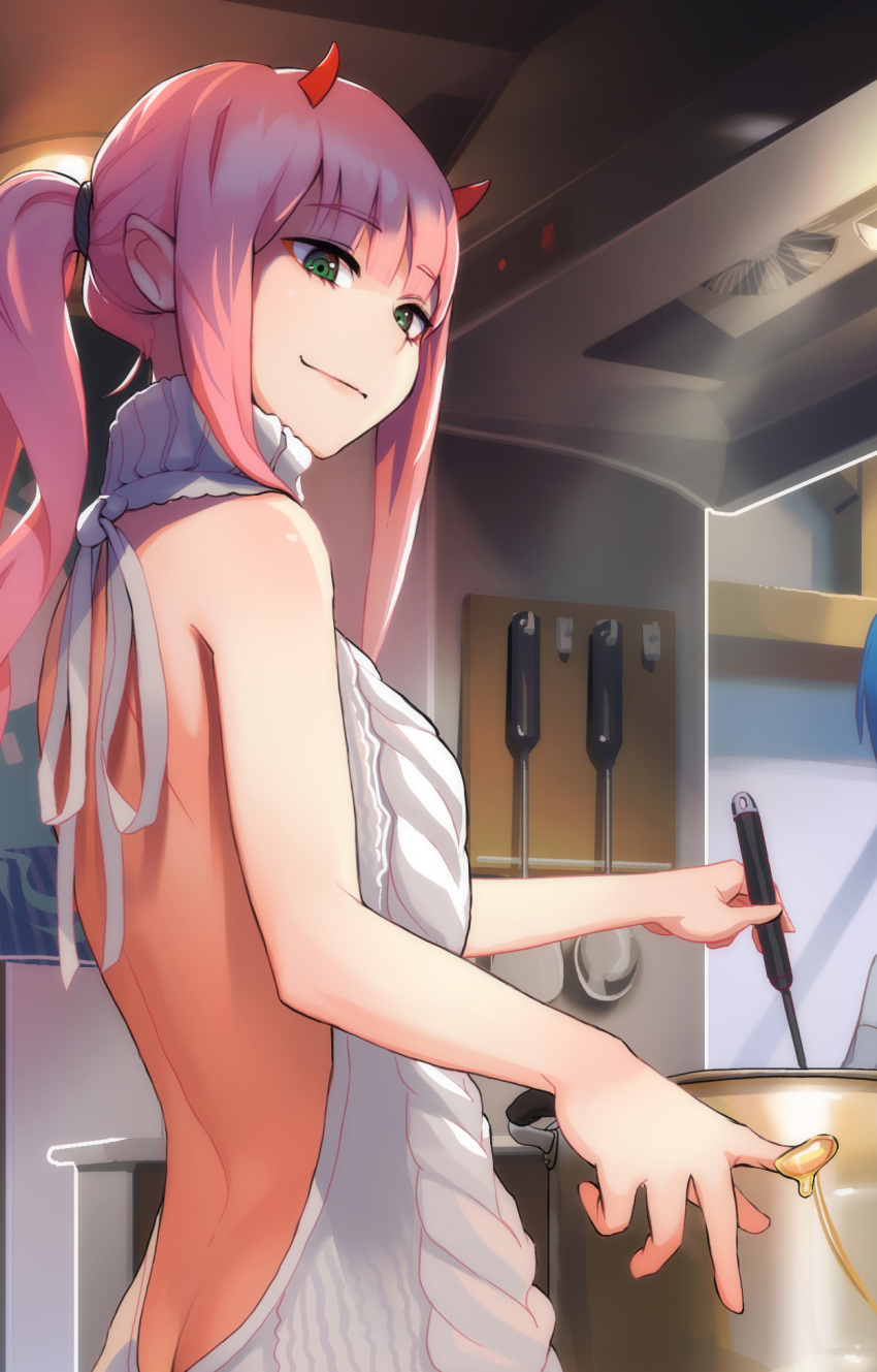 2girls alternate_hairstyle backless_dress backless_outfit bangs bare_back blue_hair butt_crack cooking darling_in_the_franxx dress eyebrows_visible_through_hair halterneck highres honey ichigo_(darling_in_the_franxx) kitchen meme_attire multiple_girls nene_(taiwan) no_hairband oni_horns ponytail pot red_horns sidelocks smile solo_focus virgin_killer_sweater zero_two_(darling_in_the_franxx)