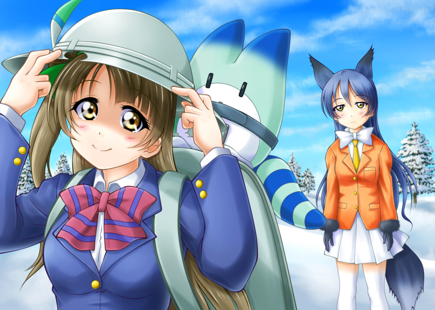 2girls :/ animal_ears arms_at_sides black_gloves blazer blue_hair blush bow bowtie brown_eyes brown_hair bucket_hat bush closed_mouth clouds collared_shirt cosplay day eyebrows_visible_through_hair ezo_red_fox_(kemono_friends) ezo_red_fox_(kemono_friends)_(cosplay) fox_ears fox_tail gloves hair_between_eyes hat hat_feather head_tilt highres hiramitsu_asagi jacket jitome kaban_(kemono_friends) kaban_(kemono_friends)_(cosplay) kemono_friends long_hair long_sleeves looking_at_another looking_at_viewer love_live! love_live!_school_idol_project lucky_beast_(kemono_friends) mimori_suzuko minami_kotori multiple_girls necktie one_side_up outdoors pantyhose pleated_skirt school_uniform seiyuu_connection shirt skirt sky smile snow sonoda_umi standing striped striped_bow striped_bowtie tail tree uchida_aya white_legwear white_shirt white_skirt wing_collar yellow_eyes yellow_necktie |_|